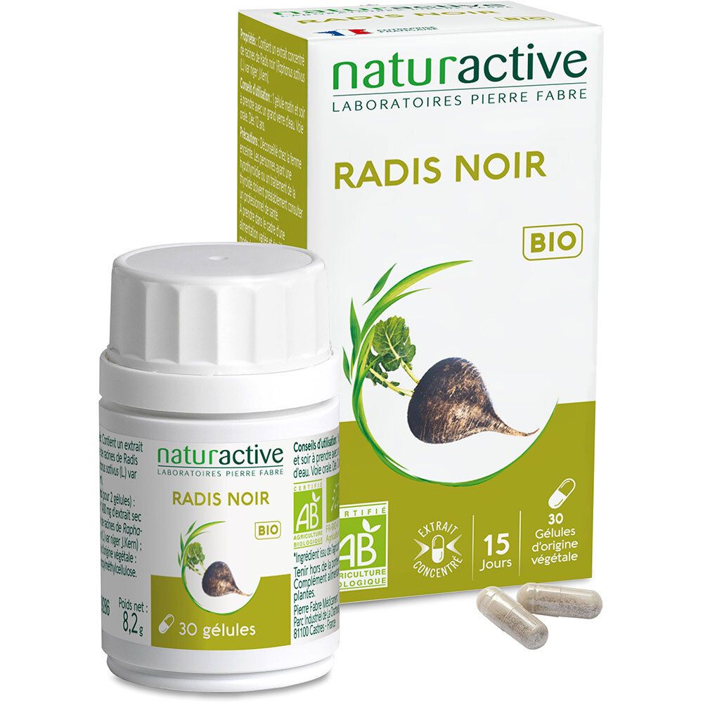 Naturactive Radis Noir bio. Flacon et boîte avec gélules. Certification AB. Vegan.