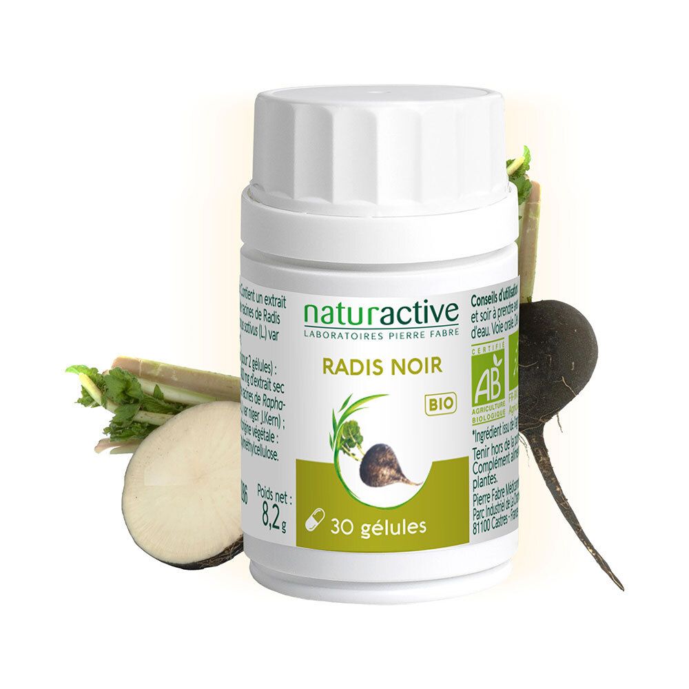 Naturactive Radis Noir bio. Flacon et boîte avec gélules. Certification AB. Vegan.