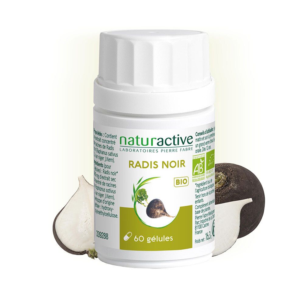 Flacon Radis Noir, 60 gélules. Label AB bio. Illustration de radis noir.