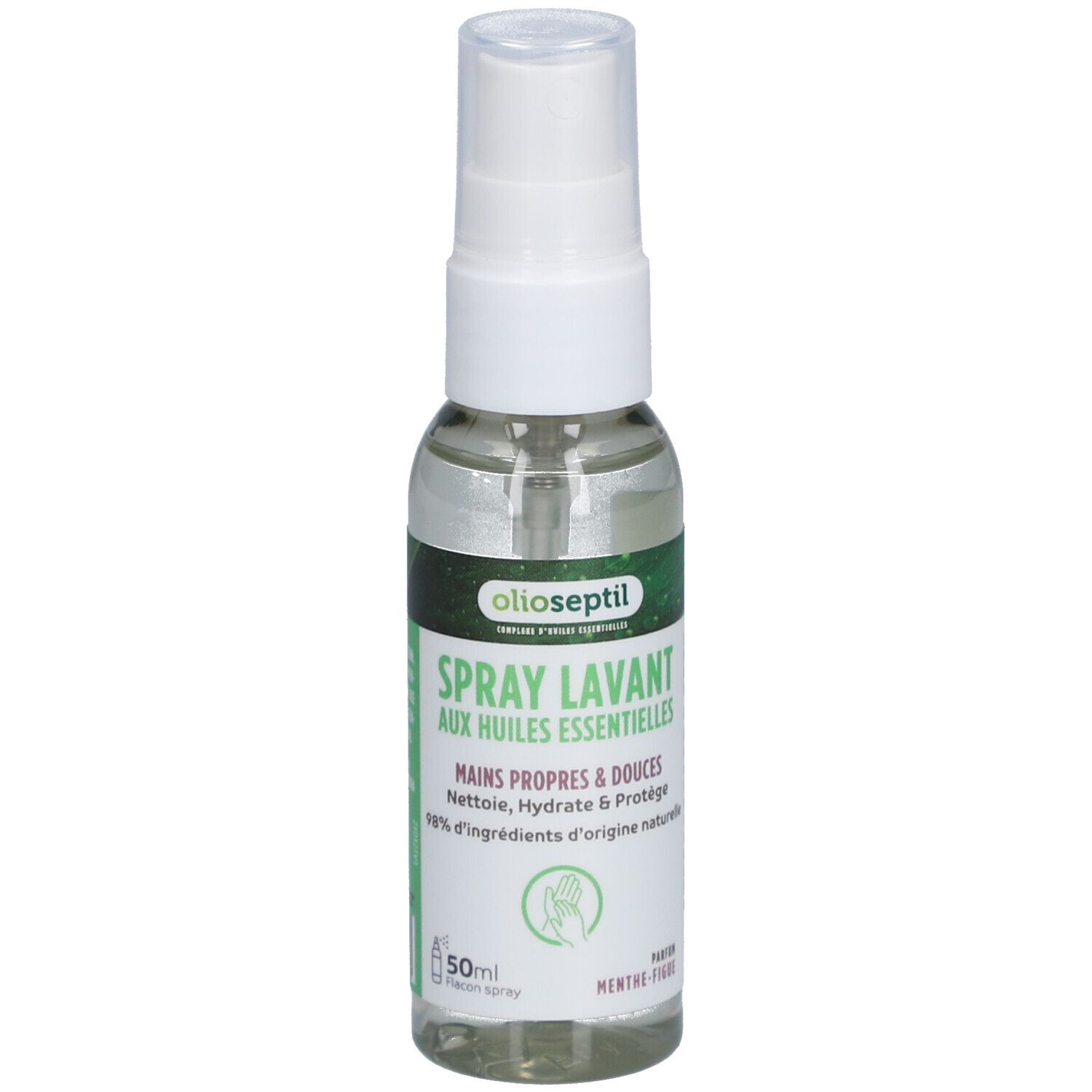 Flacon spray transparent avec tête blanche. Inscriptions: Olioseptil, Spray Lavant, aux huiles essentielles, Mains propres & douces.