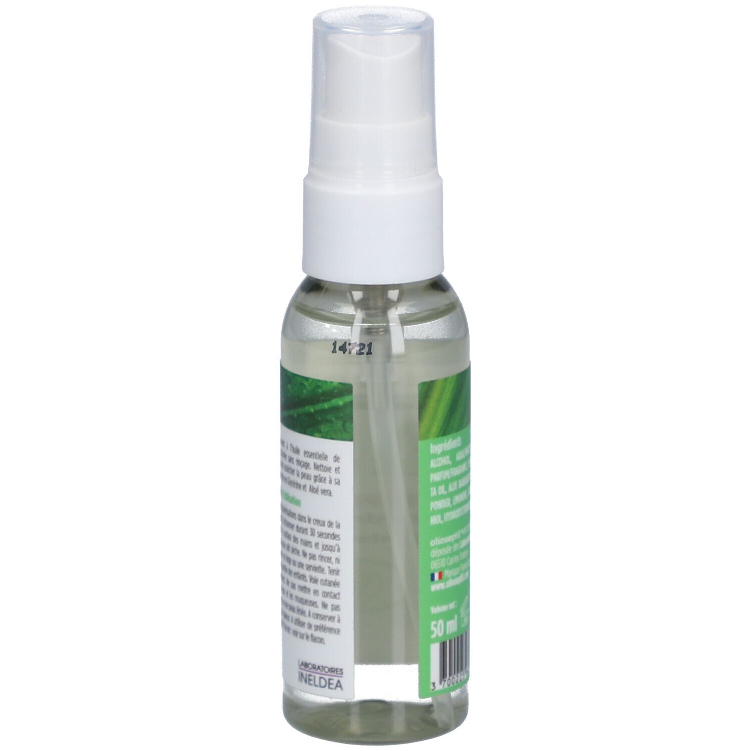 Flacon spray transparent avec tête blanche. Inscriptions: Olioseptil, Spray Lavant, aux huiles essentielles, Mains propres & douces.