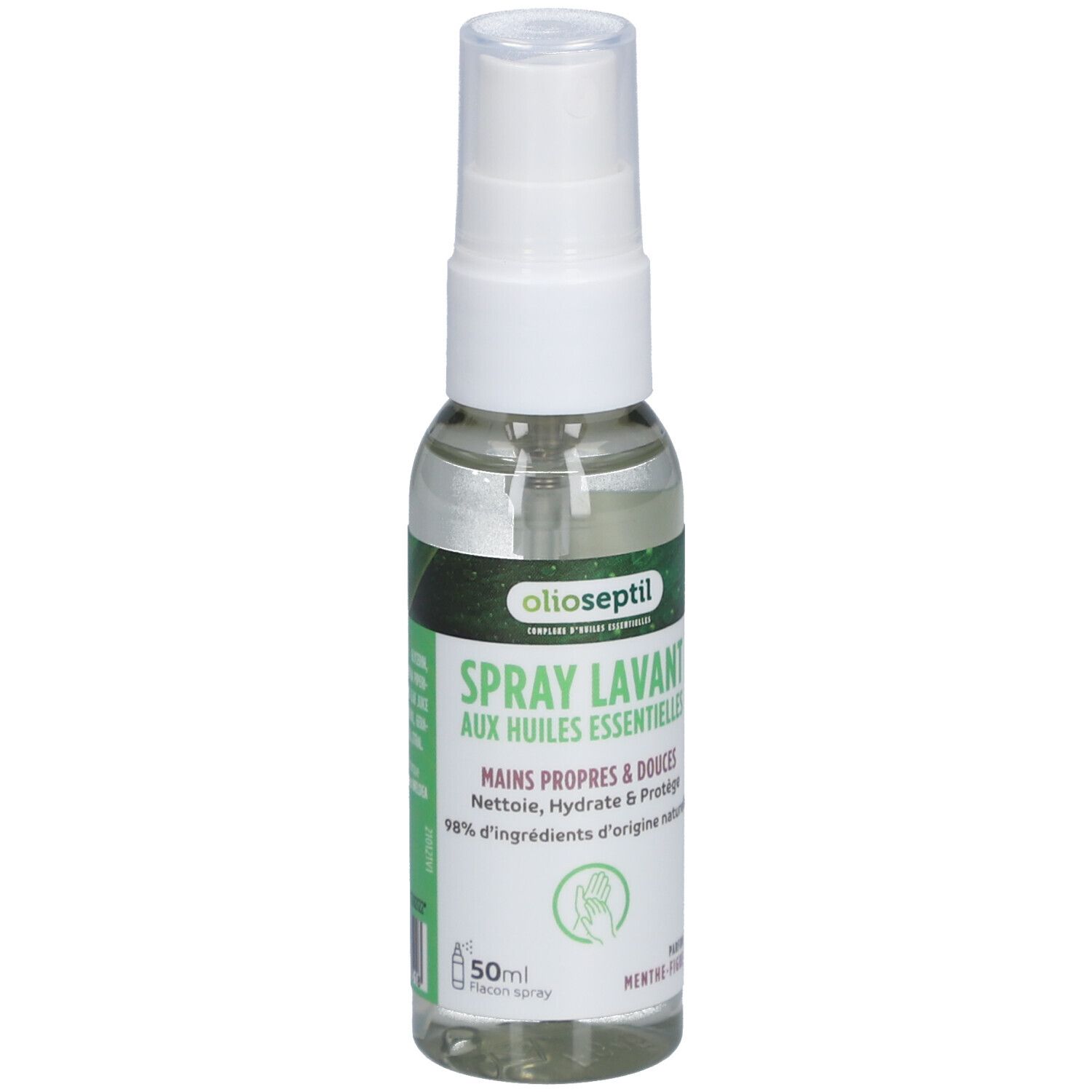 Flacon spray transparent avec tête blanche. Inscriptions: Olioseptil, Spray Lavant, aux huiles essentielles, Mains propres & douces.