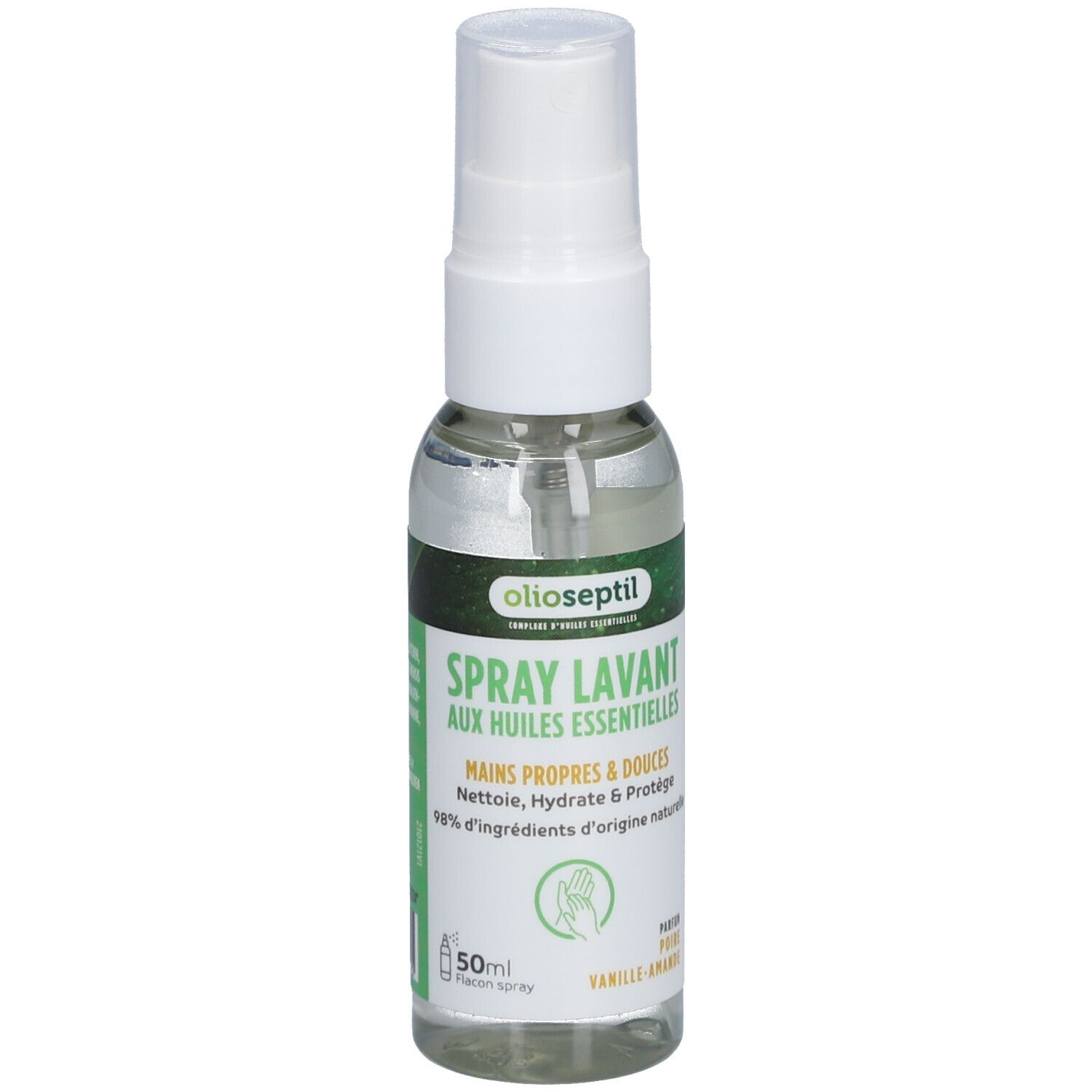 Flacon transparent avec vaporisateur blanc. Étiquette avec nom du produit et accents verts. Texte: Spray Lavant, Vanille-Amande.