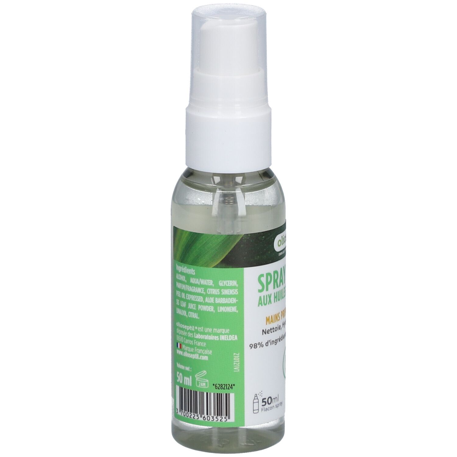 Flacon transparent avec vaporisateur blanc. Étiquette avec nom du produit et accents verts. Texte: Spray Lavant, Ingrédients.