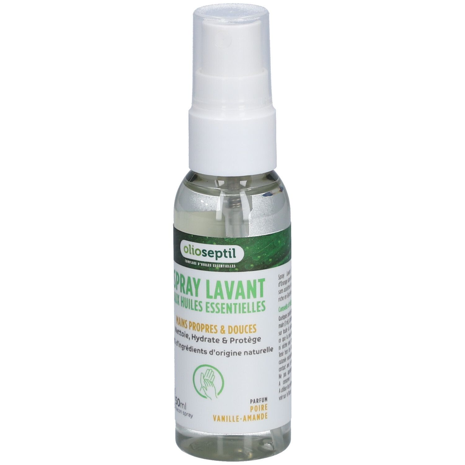 Flacon transparent avec vaporisateur blanc. Étiquette avec nom du produit et accents verts. Texte: Spray Lavant, Vanille-Amande.