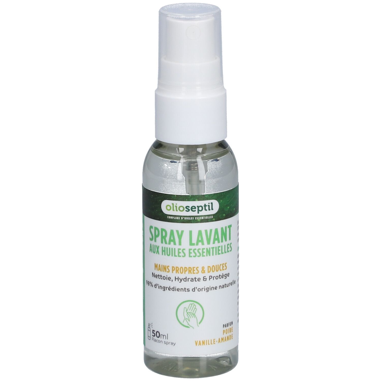Flacon transparent avec vaporisateur blanc. Étiquette avec nom du produit et accents verts. Texte: Spray Lavant, Vanille-Amande.