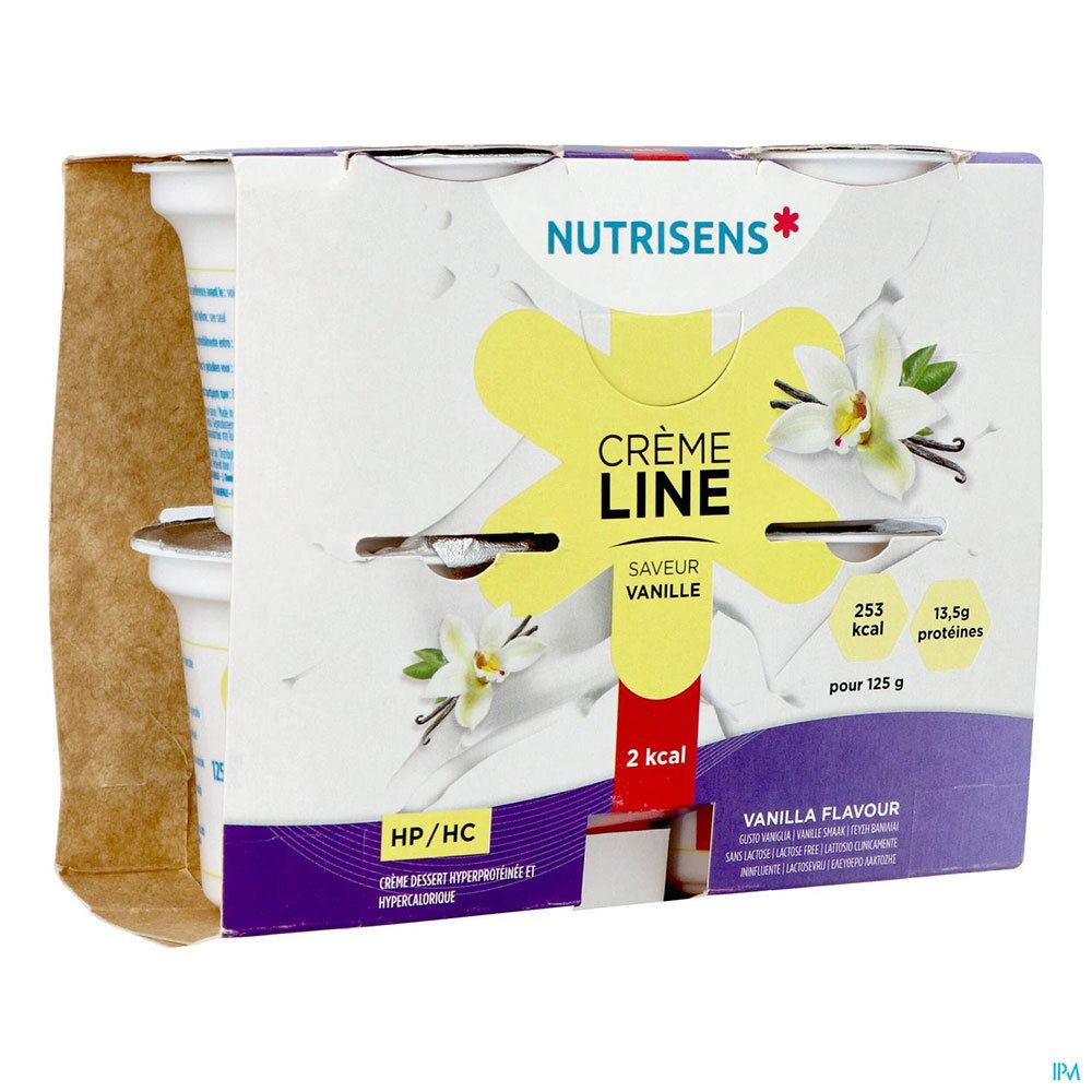 Emballage de Crèmeline Crème Dessert, saveur vanille. Marque Nutrisens. Contient 4 pots. Inscriptions: 253 kcal, 13,5g protéines.