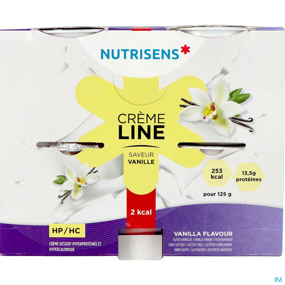 Emballage de Crèmeline Crème Dessert, saveur vanille. Marque Nutrisens. Un pot visible. Inscriptions: 253 kcal, 13,5g protéines.