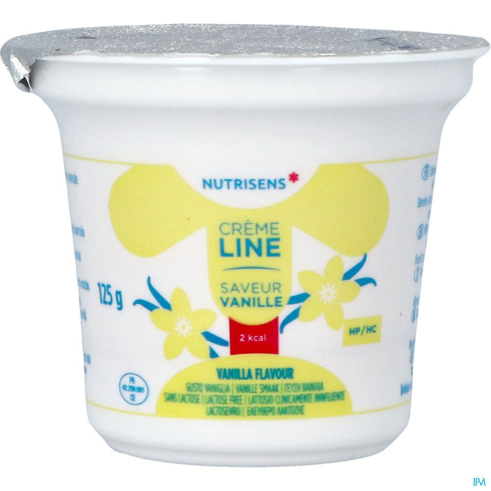 Pot individuel de Crèmeline Crème Dessert, saveur vanille. Marque Nutrisens. Inscriptions: 125 g, 2 kcal. Couvercle en film.