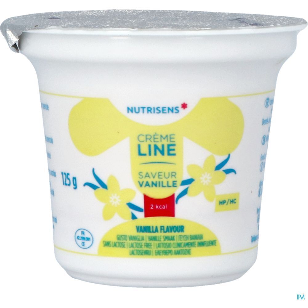 Pot individuel de Crèmeline Crème Dessert, saveur vanille. Marque Nutrisens. Inscriptions: 125 g, 2 kcal. Couvercle en film.