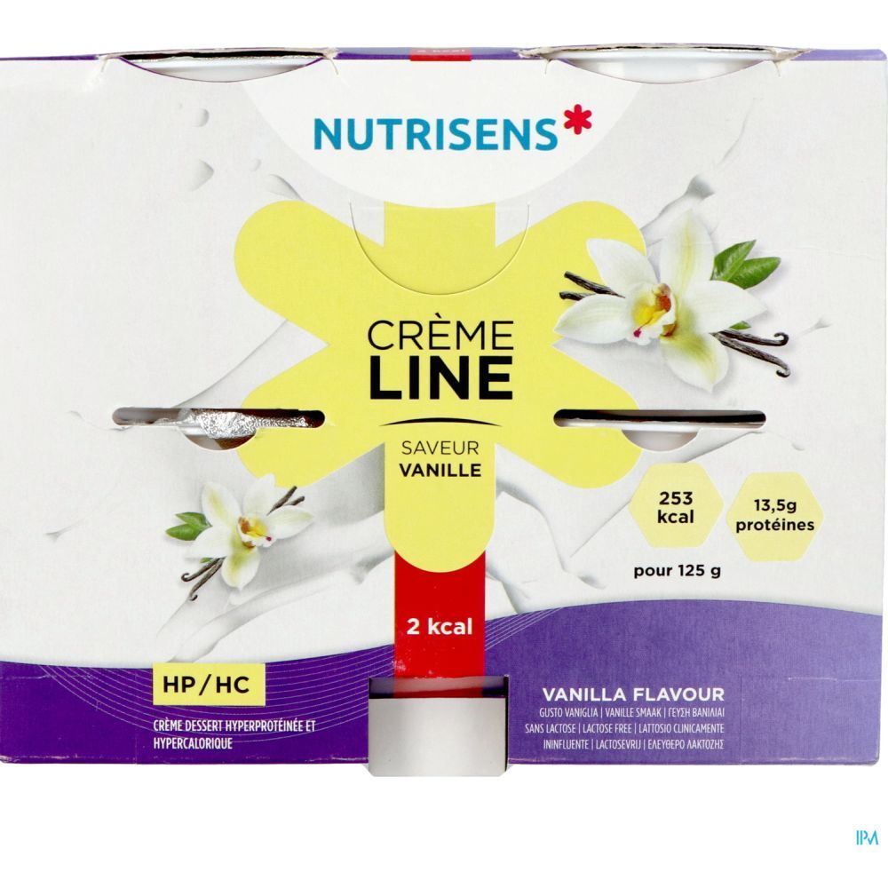 Emballage de Crèmeline Crème Dessert, saveur vanille. Marque Nutrisens. Un pot visible. Inscriptions: 253 kcal, 13,5g protéines.
