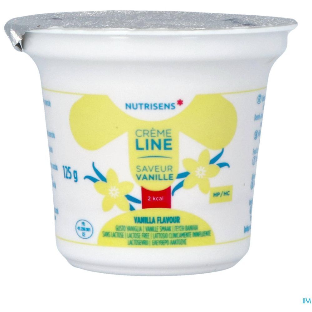 Pot individuel de Crèmeline Crème Dessert, saveur vanille. Marque Nutrisens. Inscriptions: 125 g, 2 kcal. Couvercle en film.