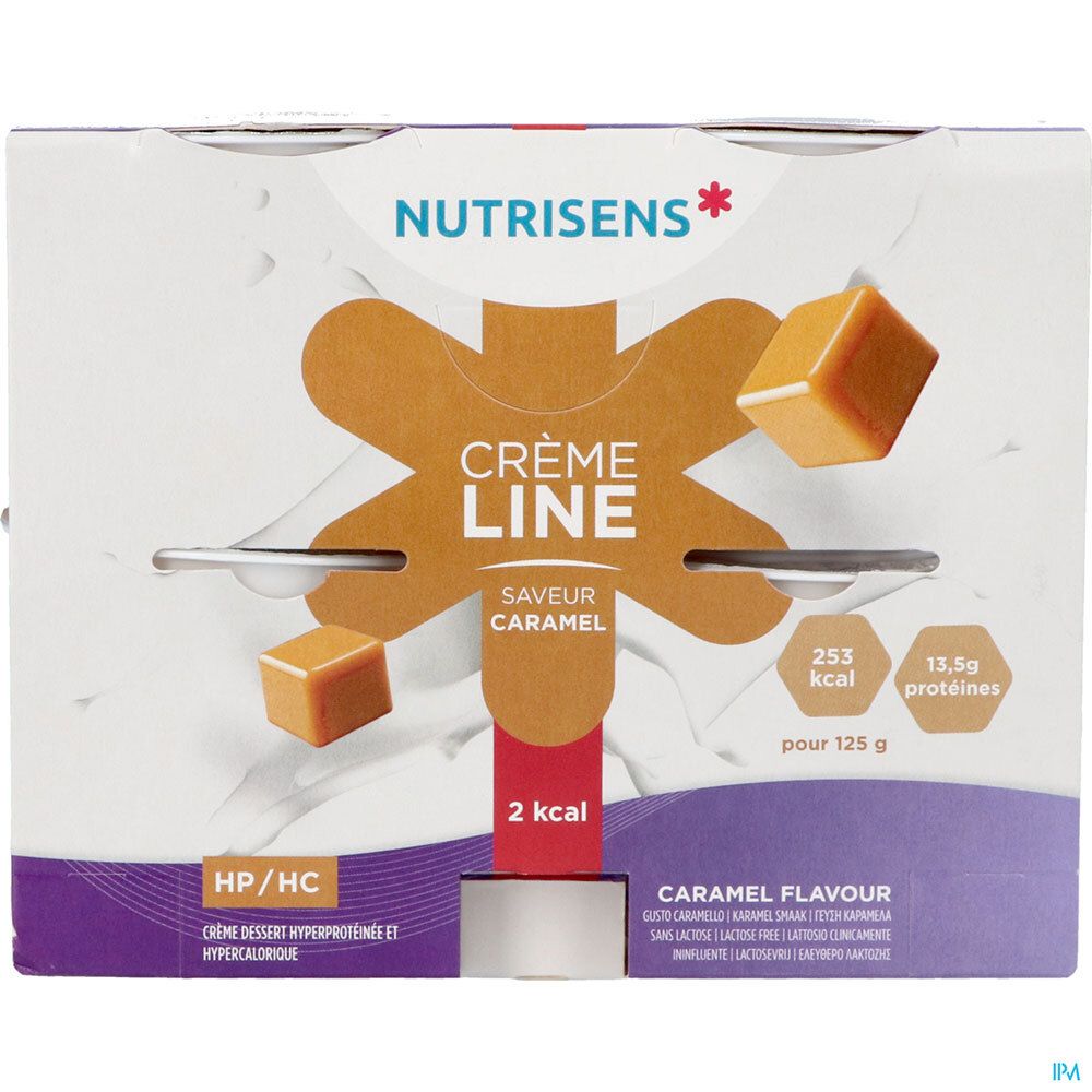 Emballage de Crèmeline Crème Dessert. Inscription: Crème Line, Caramel, 2 kcal, 13,5g protéines. Marque: Nutrisens.