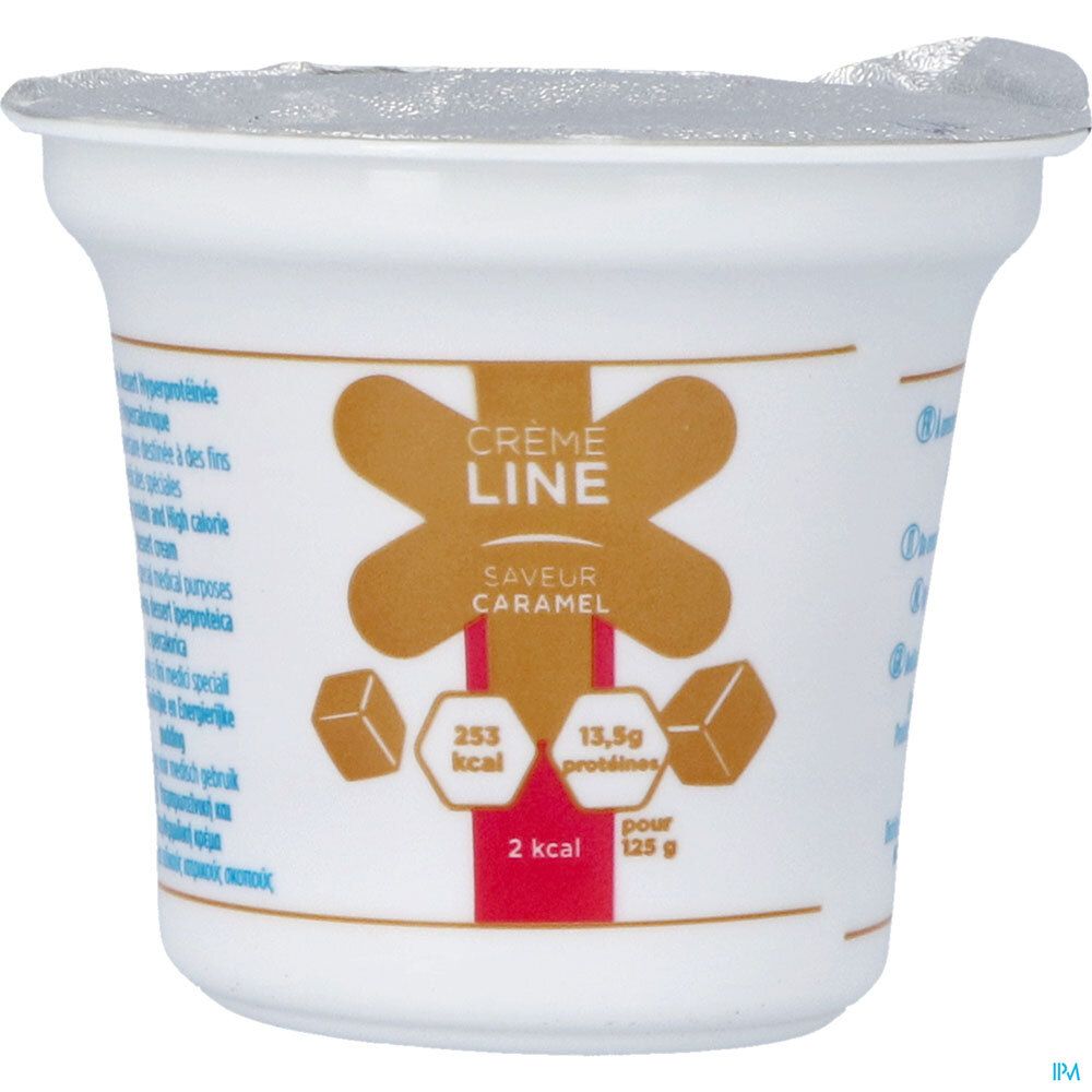 Pot individuel de Crèmeline Crème Dessert avec couvercle. Inscription: Crème Line, Caramel, 2 kcal, 13,5g protéines.