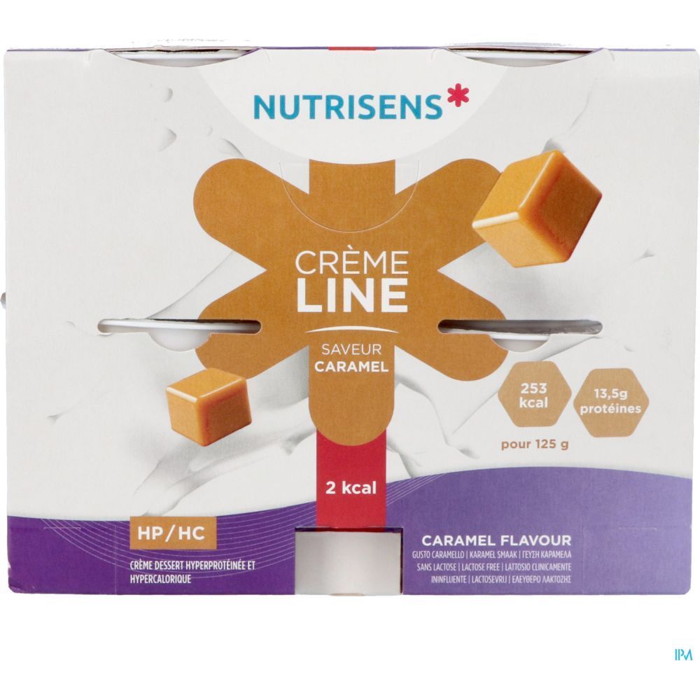 Emballage de Crèmeline Crème Dessert. Inscription: Crème Line, Caramel, 2 kcal, 13,5g protéines. Marque: Nutrisens.