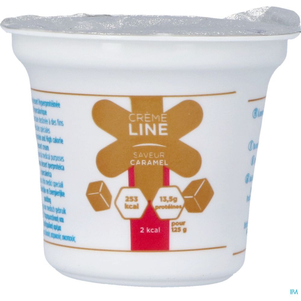 Pot individuel de Crèmeline Crème Dessert avec couvercle. Inscription: Crème Line, Caramel, 2 kcal, 13,5g protéines.