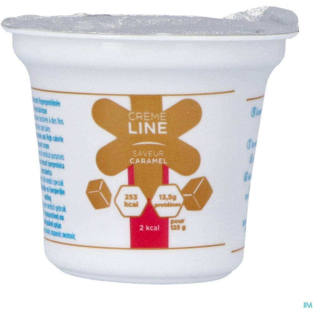 Pot individuel de Crèmeline Crème Dessert avec couvercle. Inscription: Crème Line, Caramel, 2 kcal, 13,5g protéines.