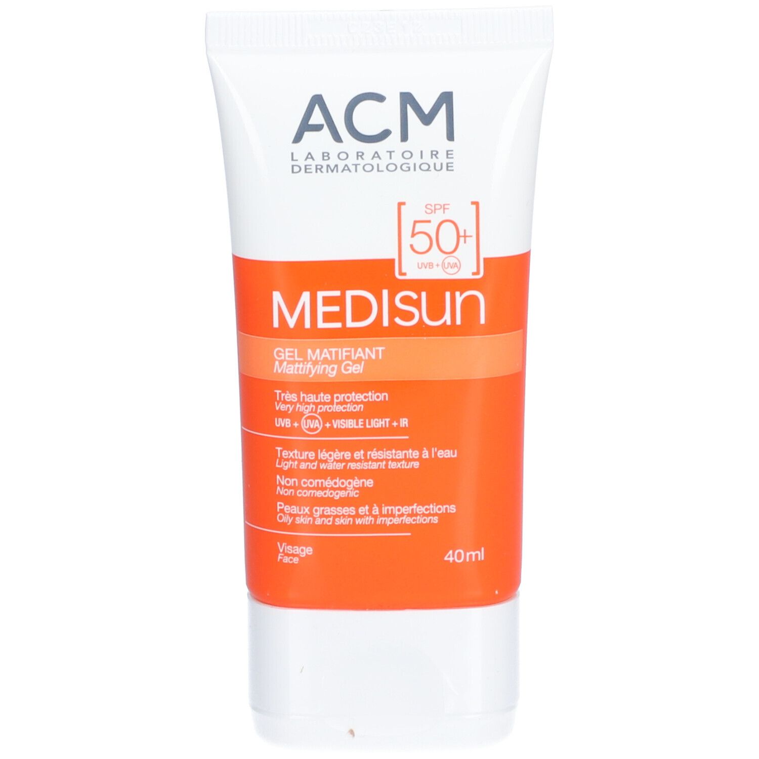 Tube ACM Médisun Gel Matifiant SPF 50+. Blanc, orange et bleu. Contient 40ml. Texte en français.