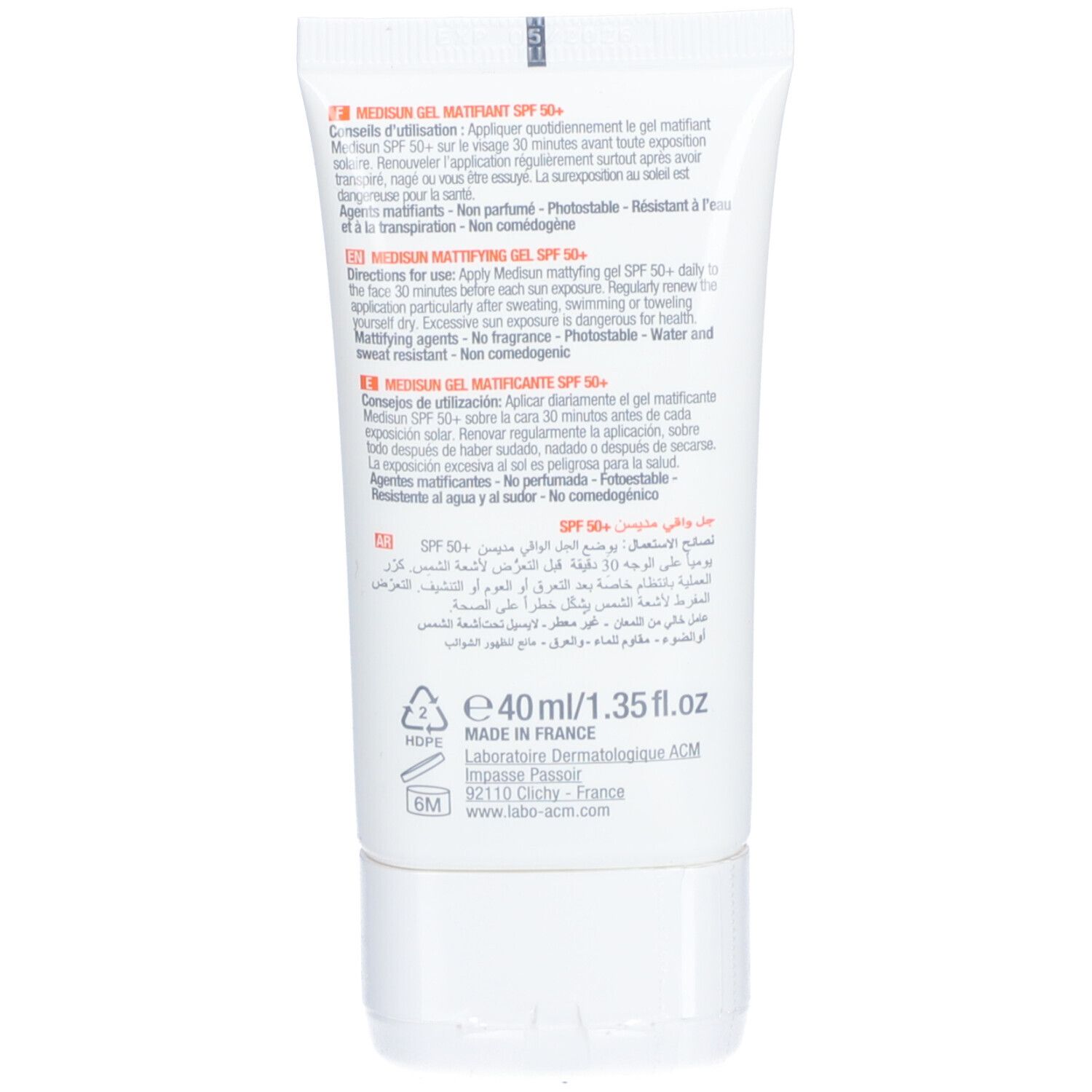 Dos du tube ACM Médisun Gel Matifiant SPF 50+. Contient du texte en plusieurs langues, dont le français.