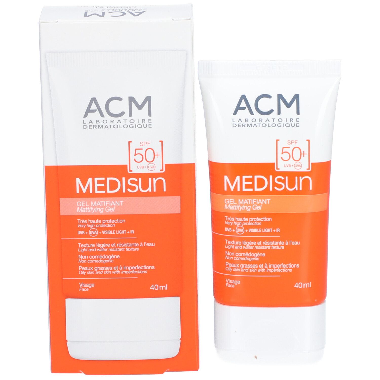 ACM Médisun Gel Matifiant SPF 50+ et emballage. Tube et boîte. Orange et blanc. 40ml. Texte en français.