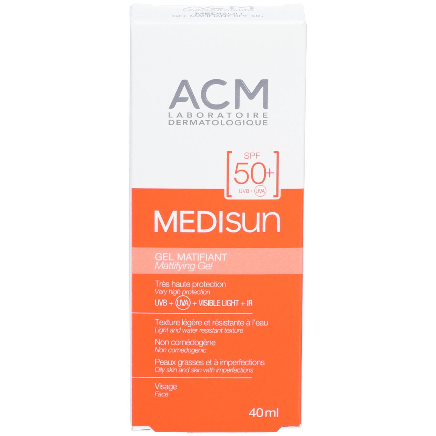 Tube ACM Médisun Gel Matifiant SPF 50+. Orange et blanc. 40ml. Texte en français.