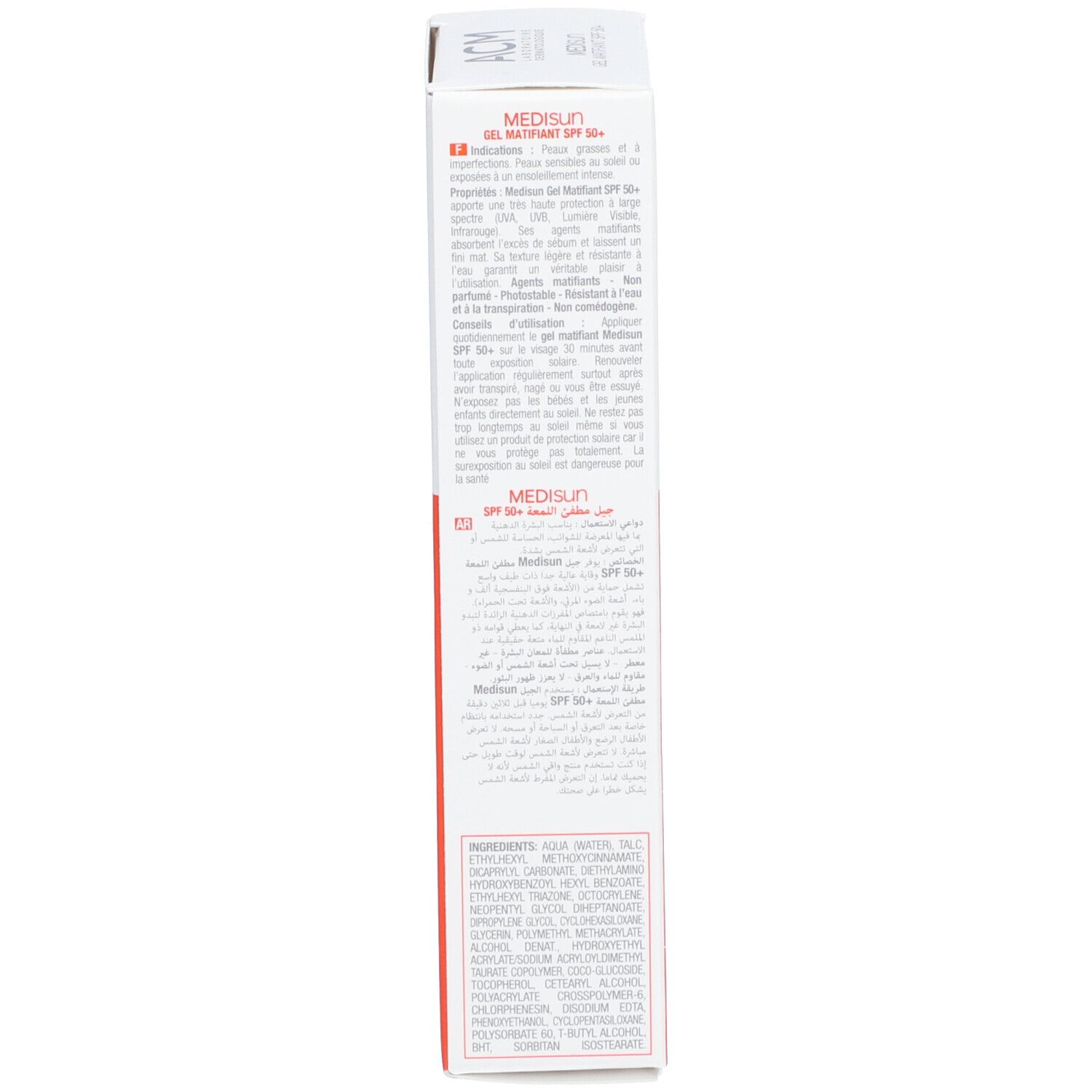 Emballage ACM Médisun Gel Matifiant SPF 50+. Orange et blanc. Texte en plusieurs langues, dont le français.