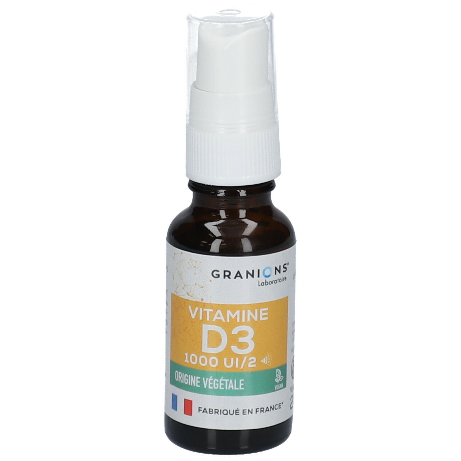Flacon en verre brun avec vaporisateur blanc. Étiquette avec texte: Vitamine D3 1000 UI/2, Origine Végétale. Marque: GRANIONS.