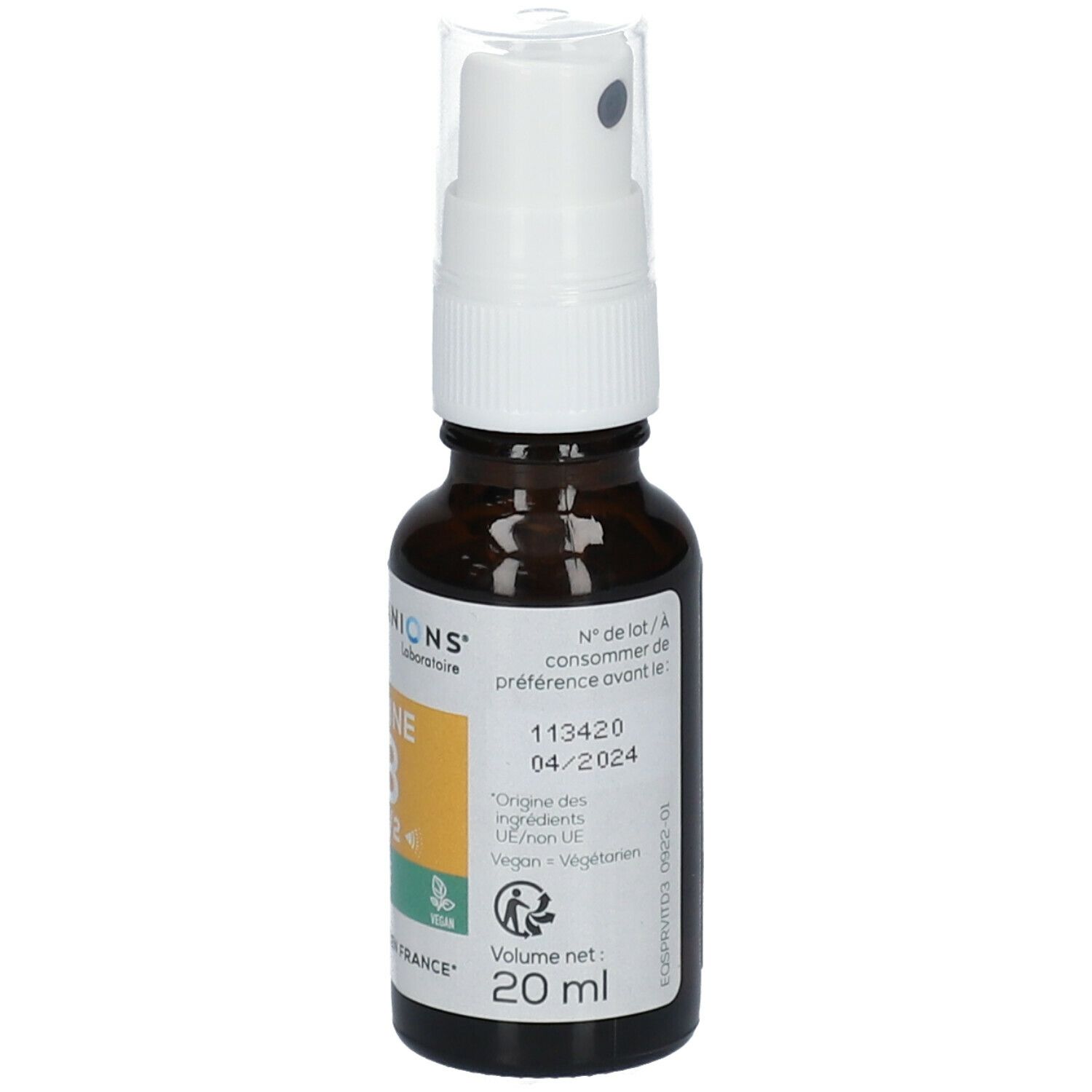 Flacon en verre brun avec vaporisateur blanc. Étiquette avec texte: Vitamine D3, 1000 UI, 20 ml. Marque: GRANIONS. Date de péremption.