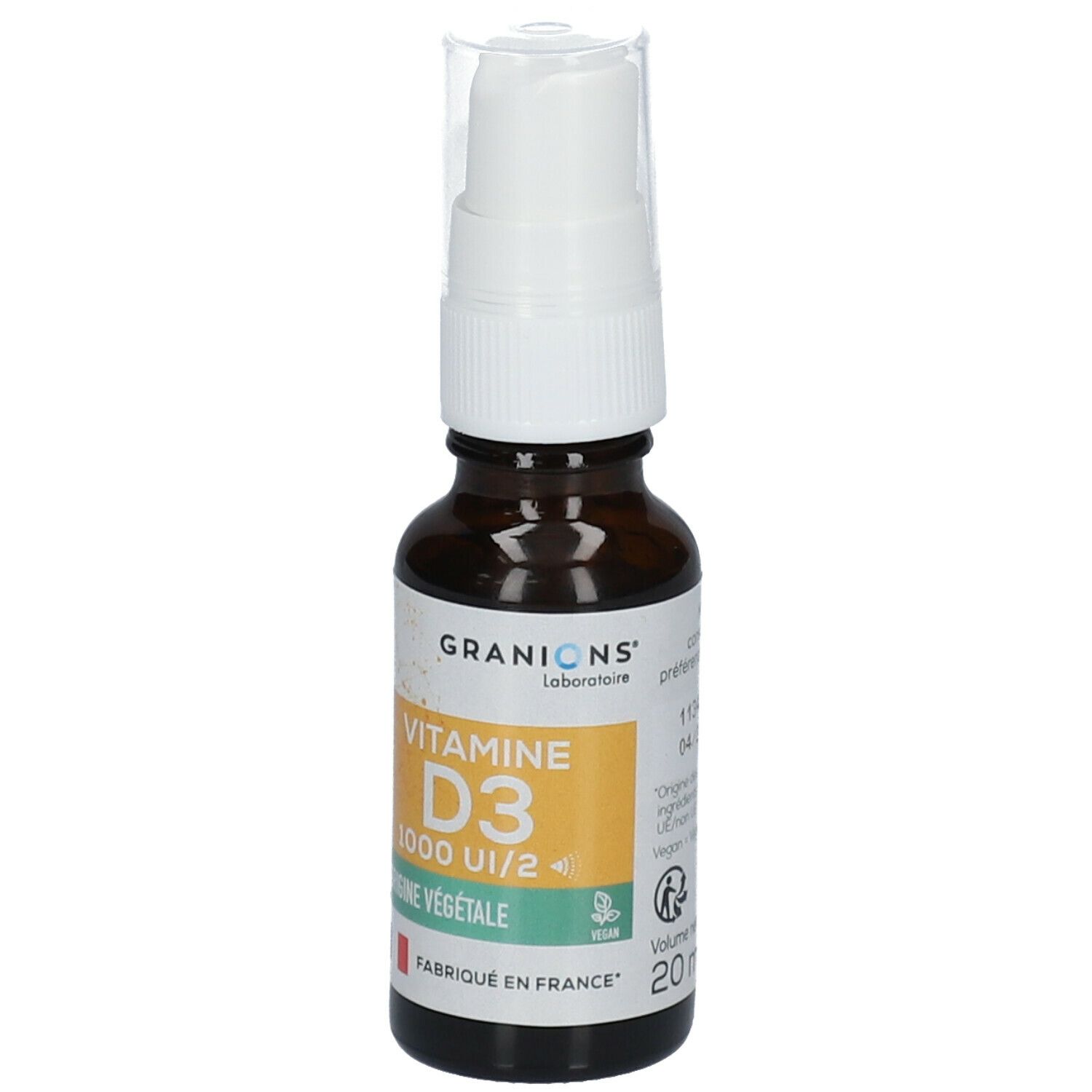 Flacon en verre brun avec vaporisateur blanc. Étiquette avec texte: Vitamine D3 1000 UI/2, Origine Végétale. Marque: GRANIONS. 20 ml.