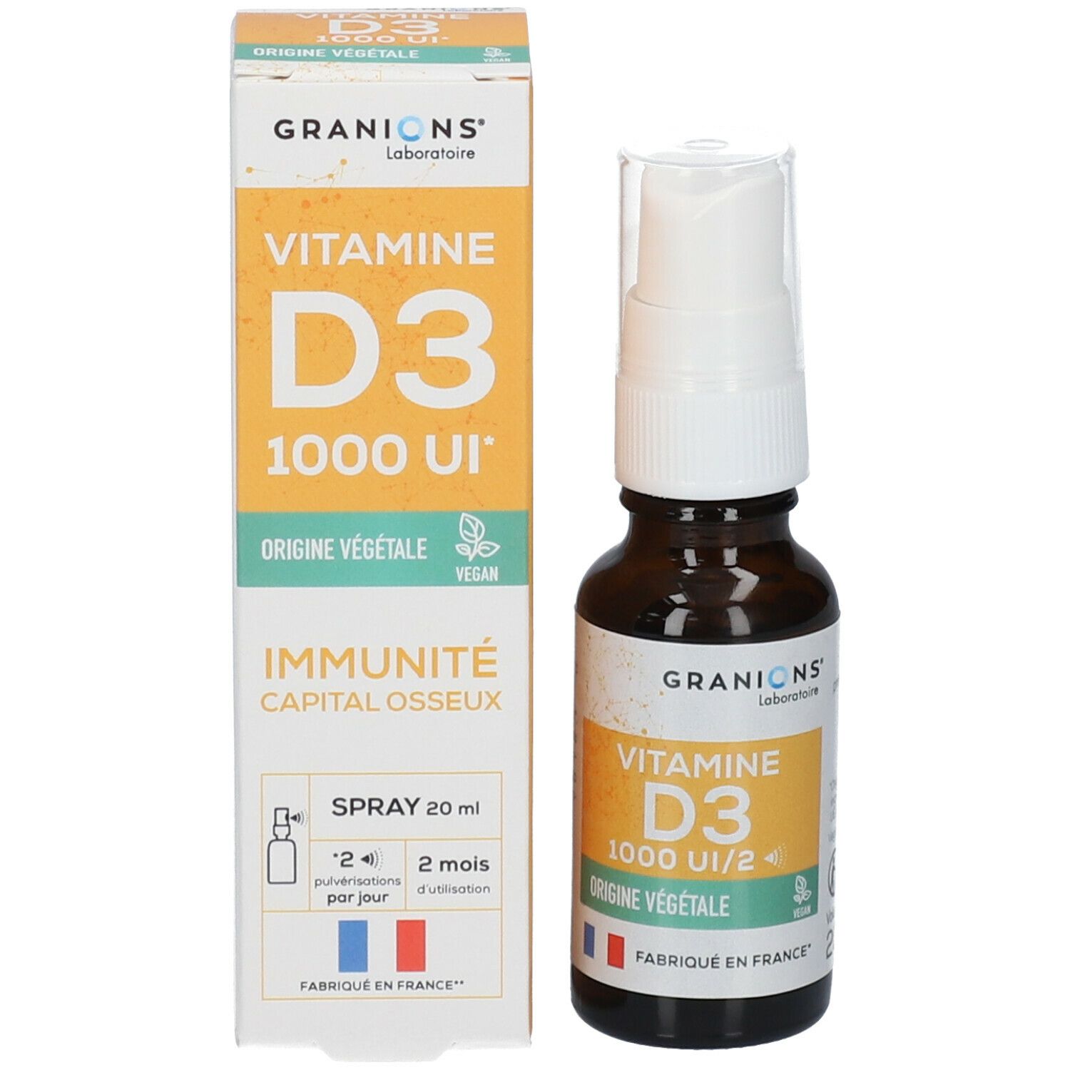 Produit et emballage. Flacon brun avec vaporisateur blanc et carton. Inscription: Vitamine D3 1000 UI, Origine Végétale. Marque: GRANIONS.