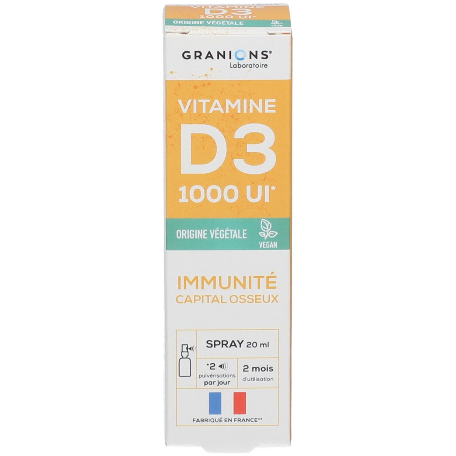 Emballage en carton. Inscription: Vitamine D3 1000 UI, Origine Végétale. Marque: GRANIONS. Avec image du flacon.