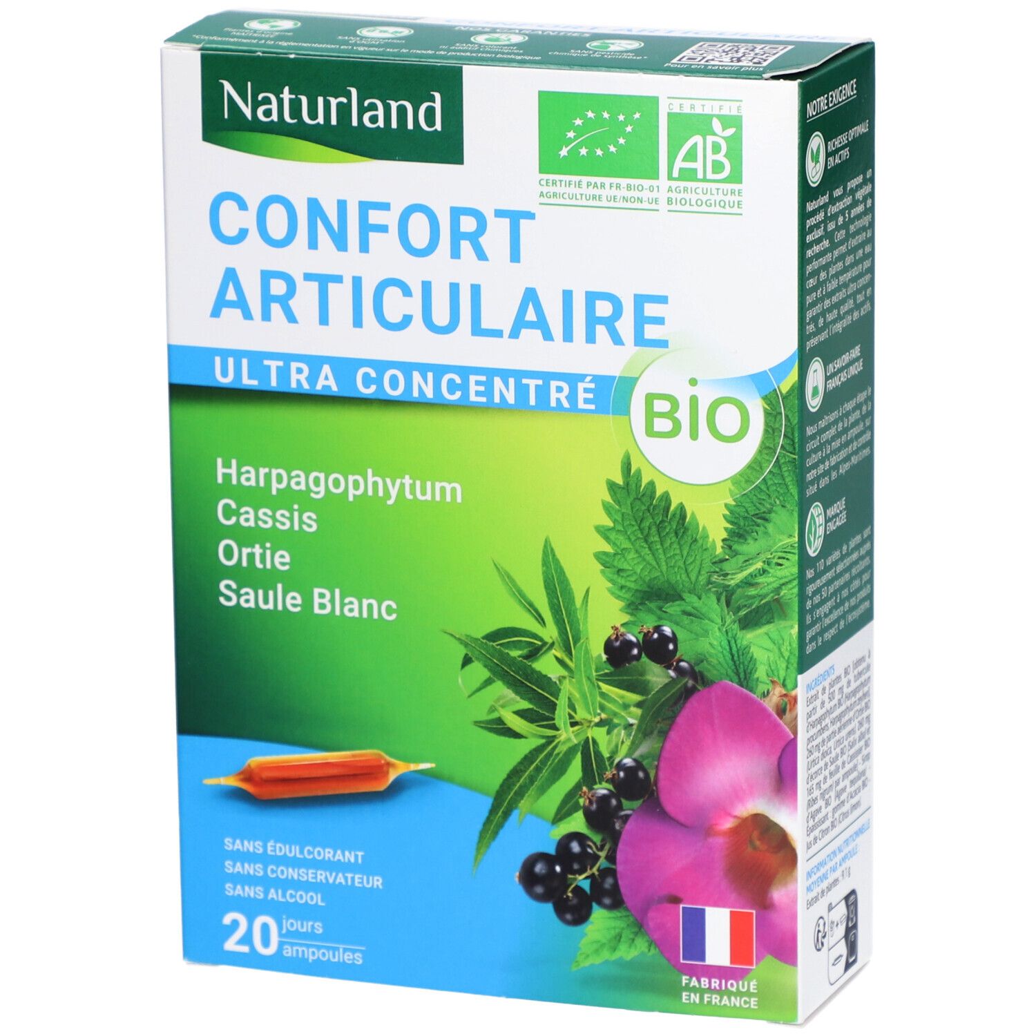 Boîte de Naturland Comprimés Confort Articulaire BIO. Inscription, logo AB, 20 ampoules. Illustration de plantes et fruits.