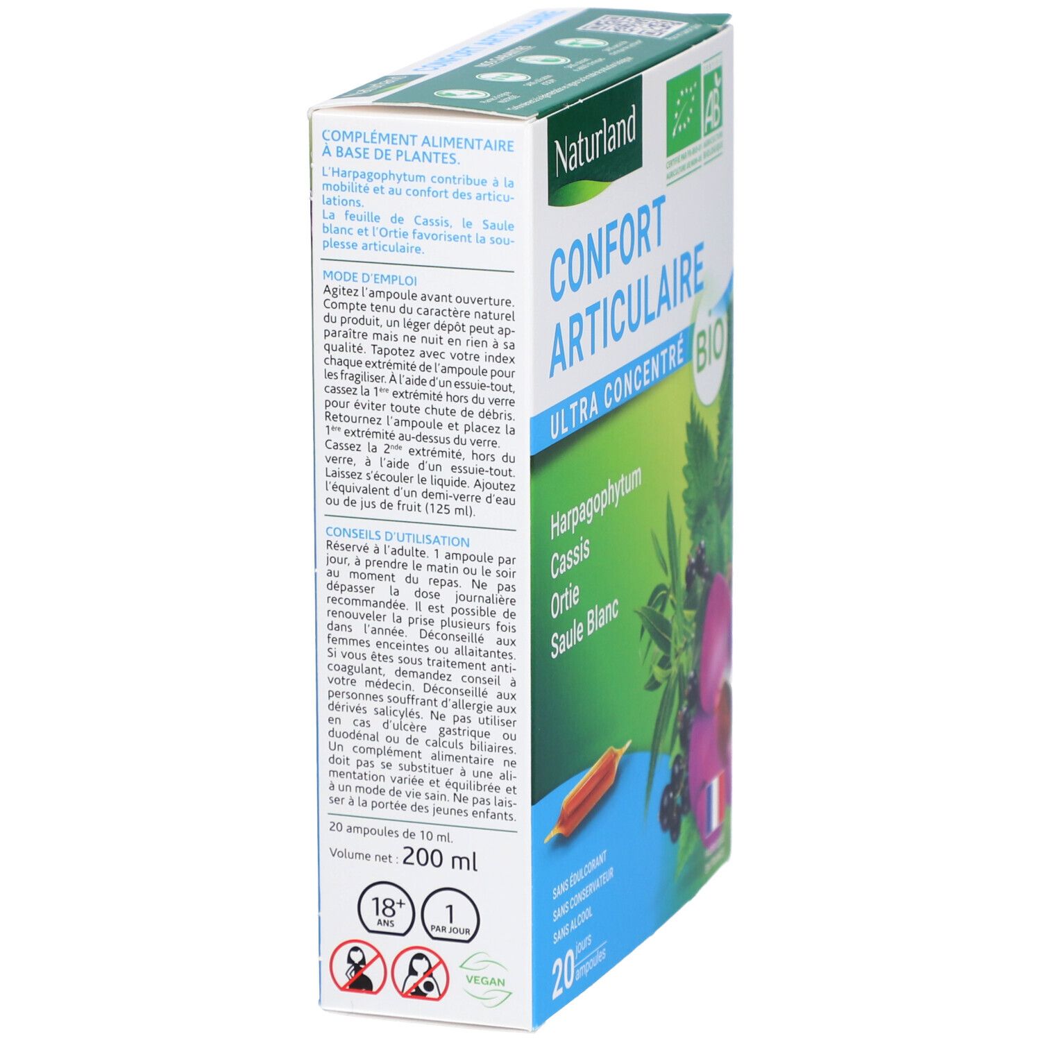 Boîte de Naturland Comprimés Confort Articulaire BIO. Ingrédients, mode d'emploi. 20 ampoules de 10 ml, 200 ml.