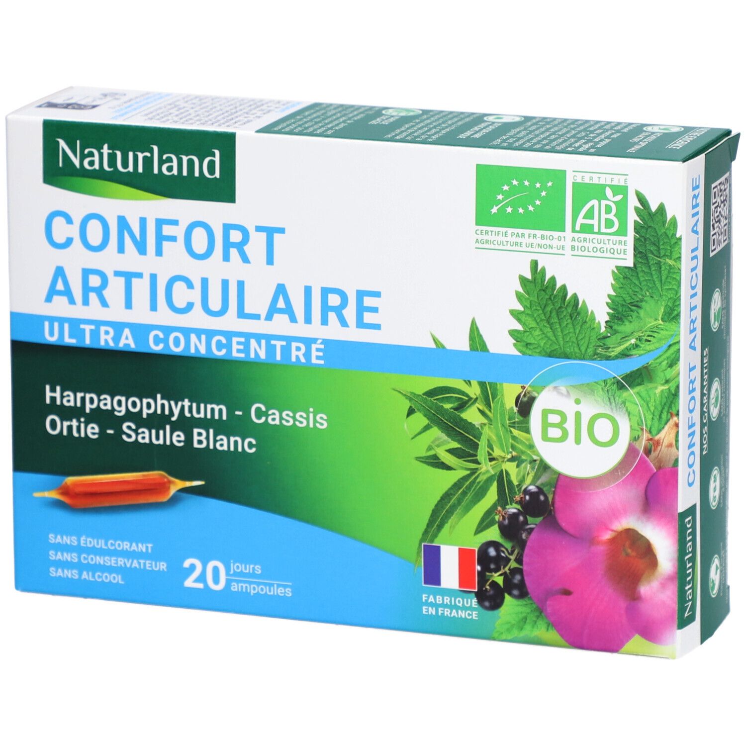 Boîte de Naturland Comprimés Confort Articulaire BIO. Inscription, logo AB, 20 ampoules. Illustration de plantes et fruits.