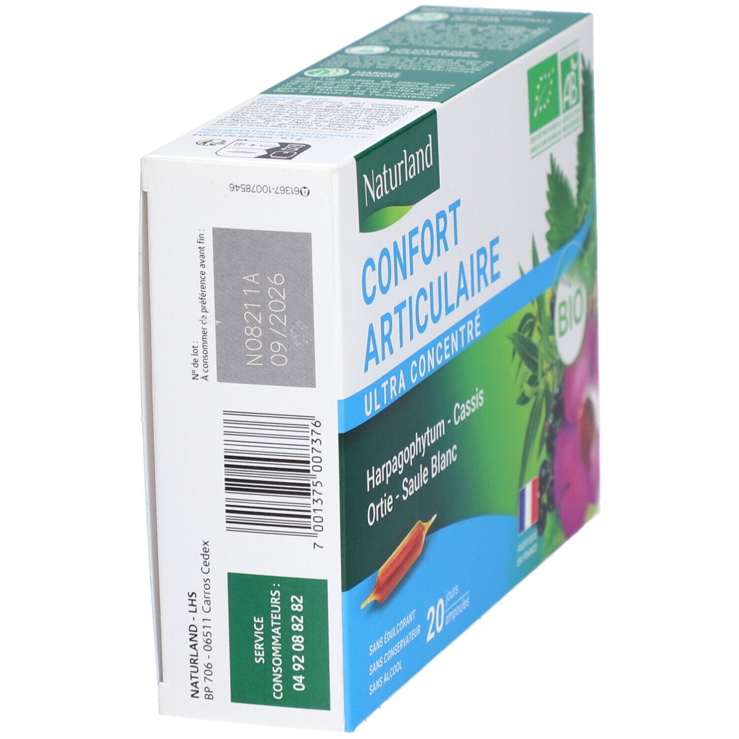 Boîte Naturland Comprimés Confort Articulaire BIO. Vue latérale avec texte et date de péremption. Logo AB.