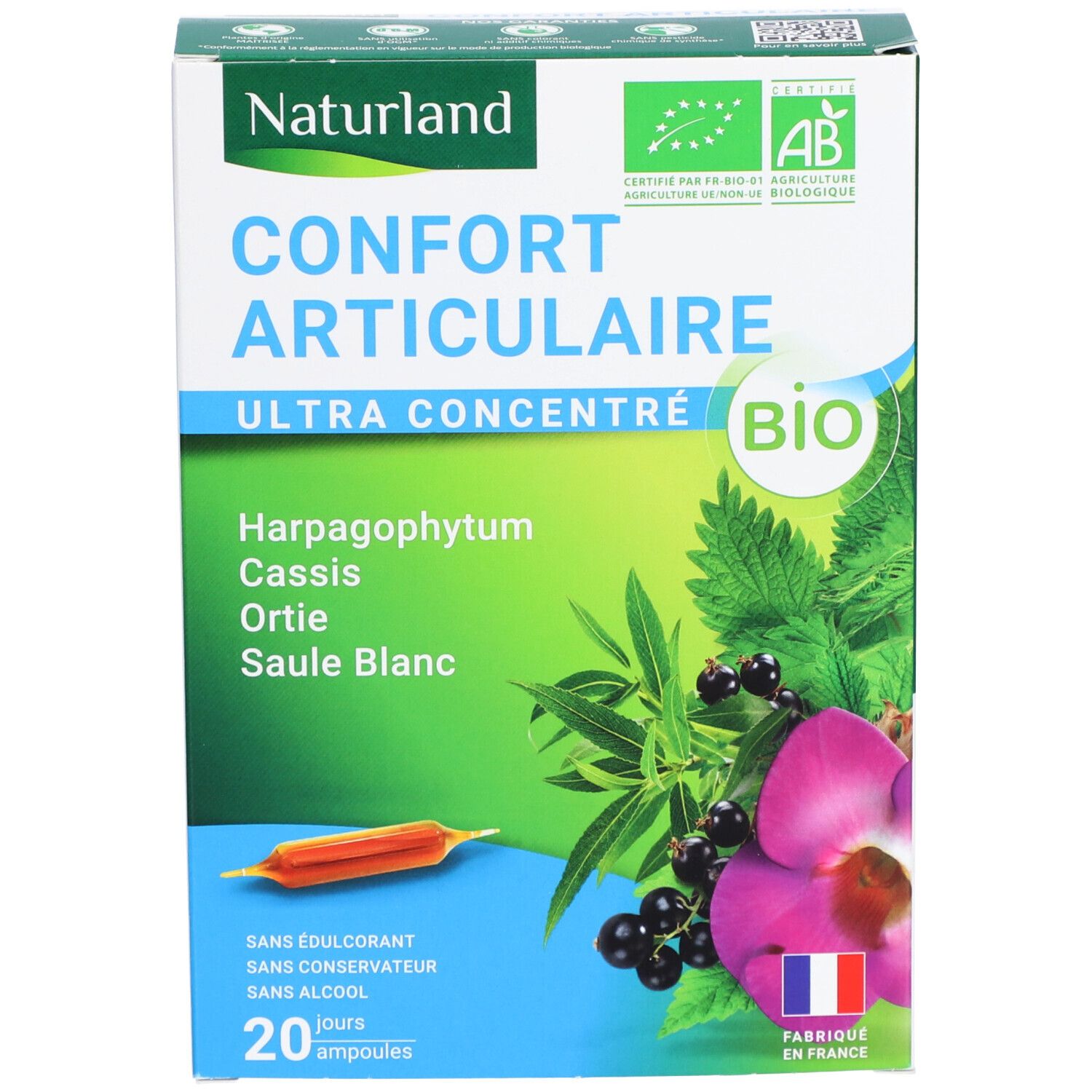 Boîte de Naturland Comprimés Confort Articulaire BIO. Inscription, logo AB, 20 ampoules. Illustration de plantes et fruits.