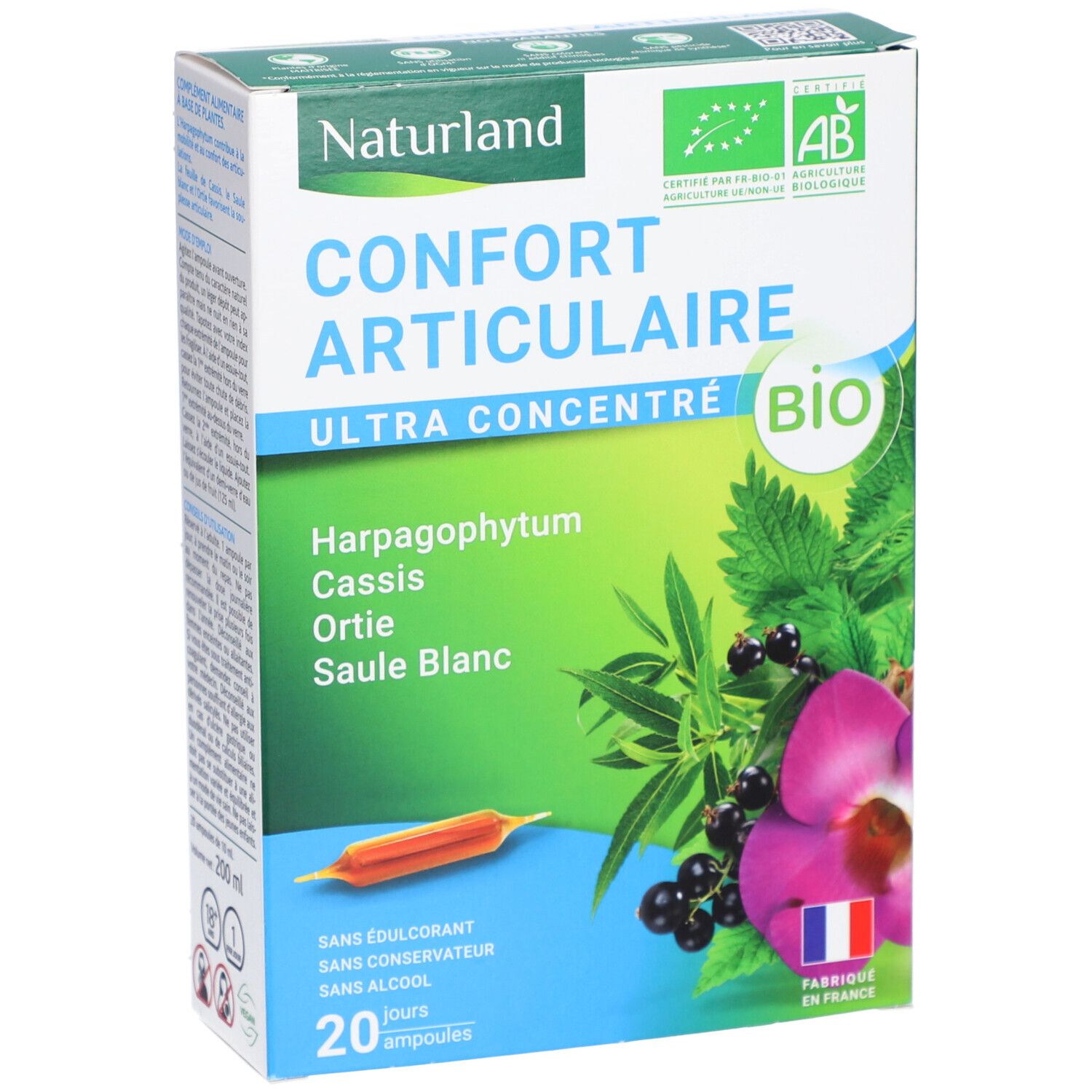 Boîte de Naturland Comprimés Confort Articulaire BIO. Inscription, logo AB, 20 ampoules. Illustration de plantes et fruits.