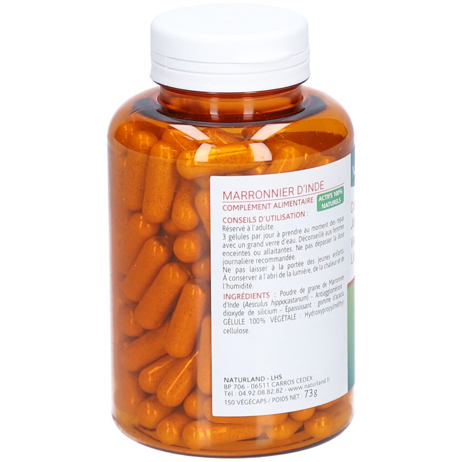 Flacon marron avec capsules. Inscription: Marronnier d'Inde, complément alimentaire. Liste des ingrédients.