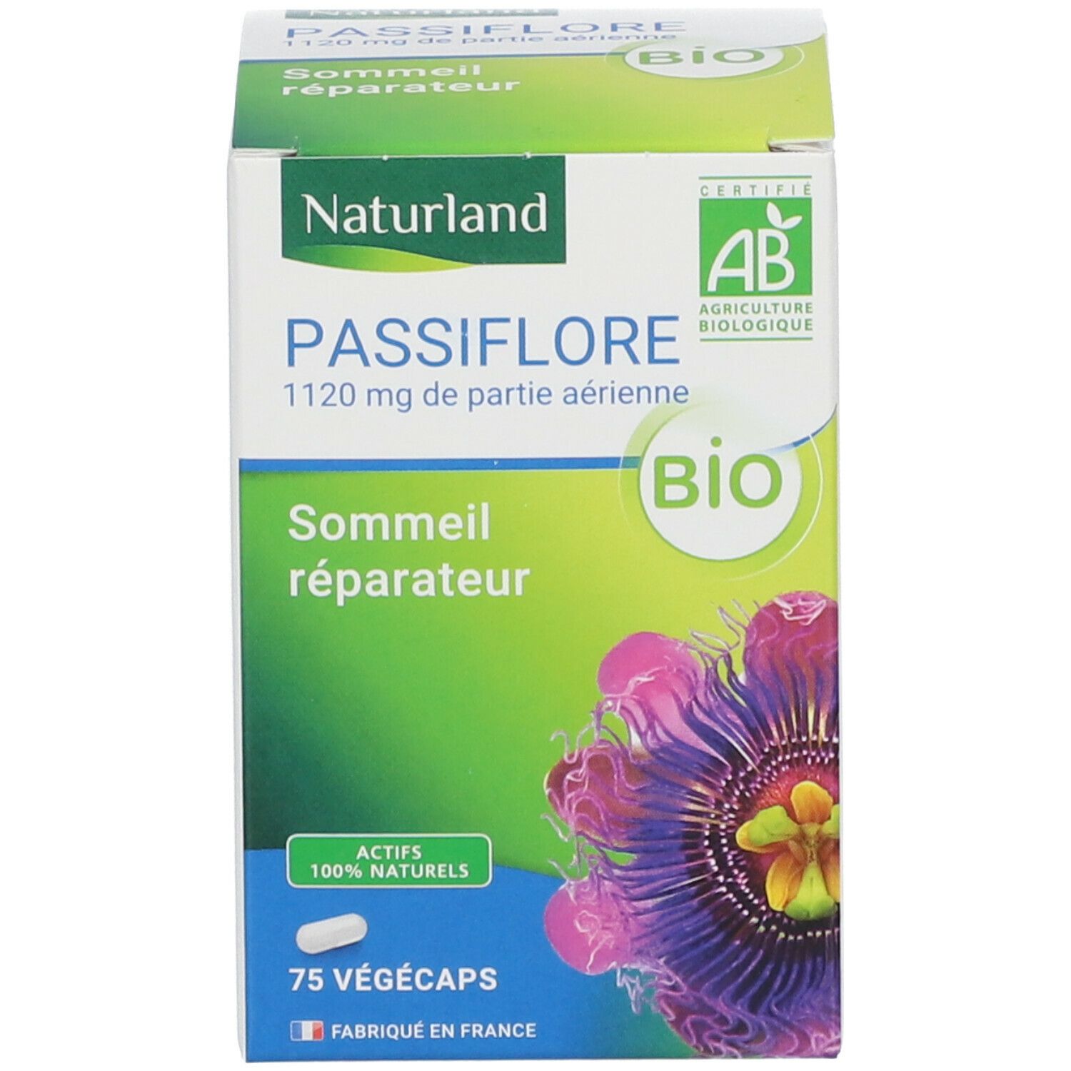 Emballage produit. Boîte avec texte et logo Naturland. Contient des gélules.