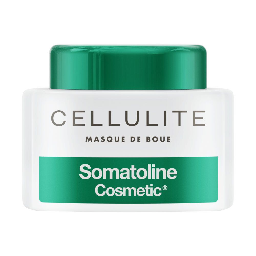 Pot blanc avec couvercle vert. Inscription CELLULITE MASQUE DE BOUE et Somatoline Cosmetic®.