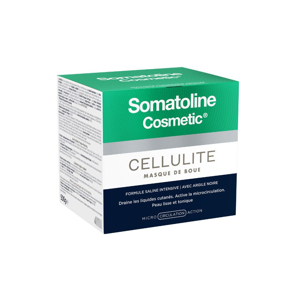 Emballage de Somatoline Cosmetic® masque anti-cellulite. Texte: CELLULITE MASQUE DE BOUE, Formule saline intensive.