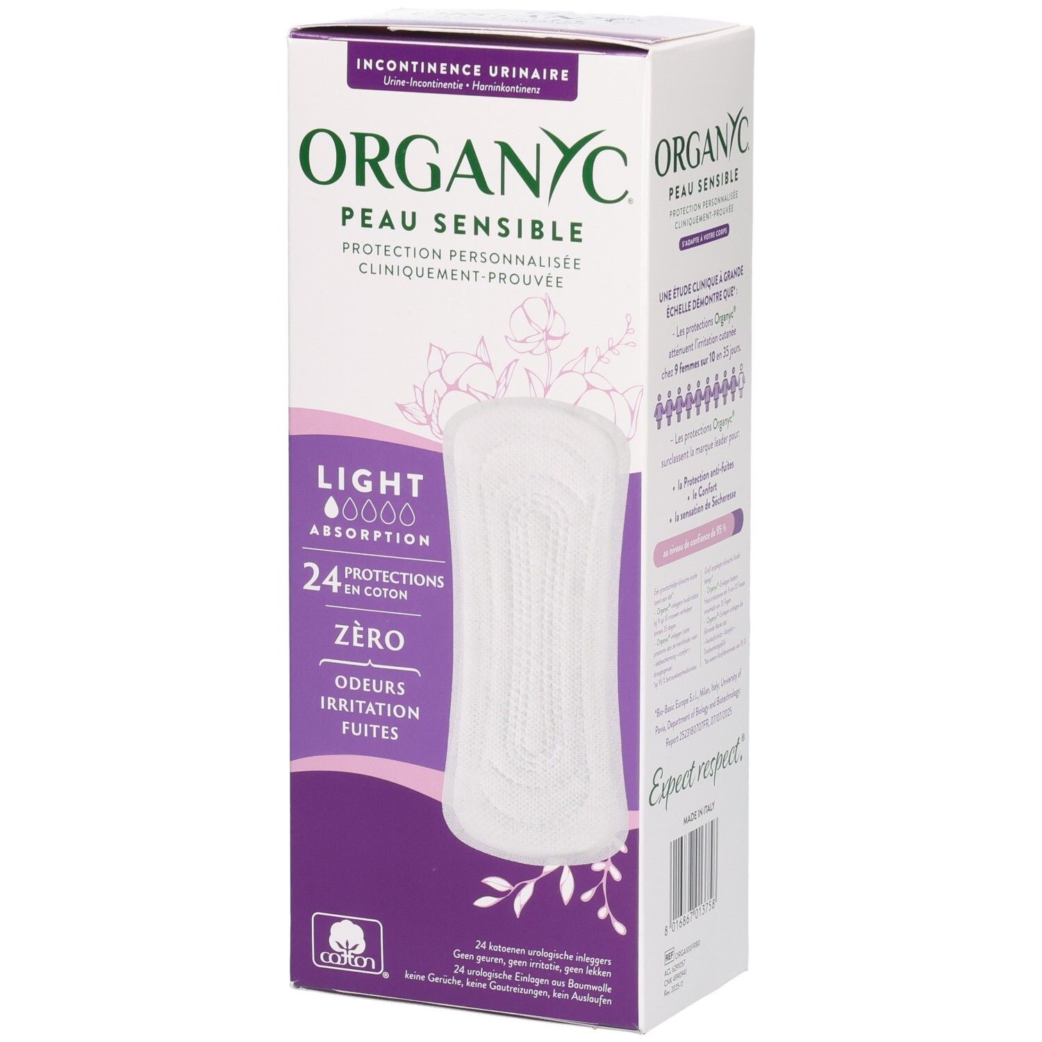Boîte de protections urinaires ORGANYC, 24 unités, coton bio, légères, peau sensible.