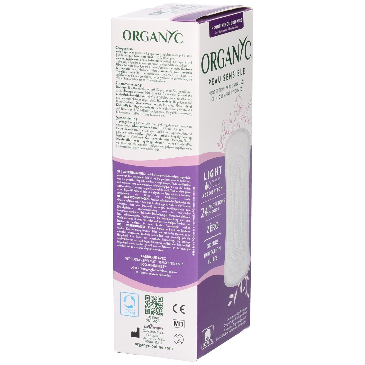 Arrière d'une boîte ORGANYC avec ingrédients et certifications, en allemand et français.