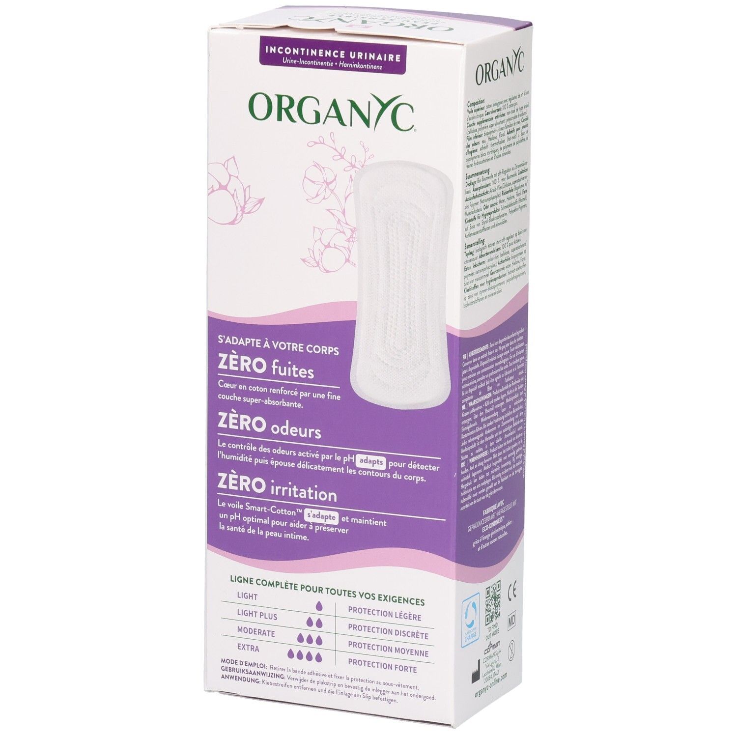 Face avant d'une boîte ORGANYC soulignant l'ajustement au corps et les propriétés zéro irritation.