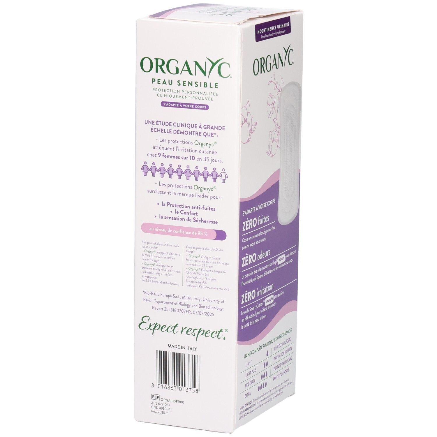 Côté d'une boîte ORGANYC avec résultats d'études cliniques et avantages produit, en français.