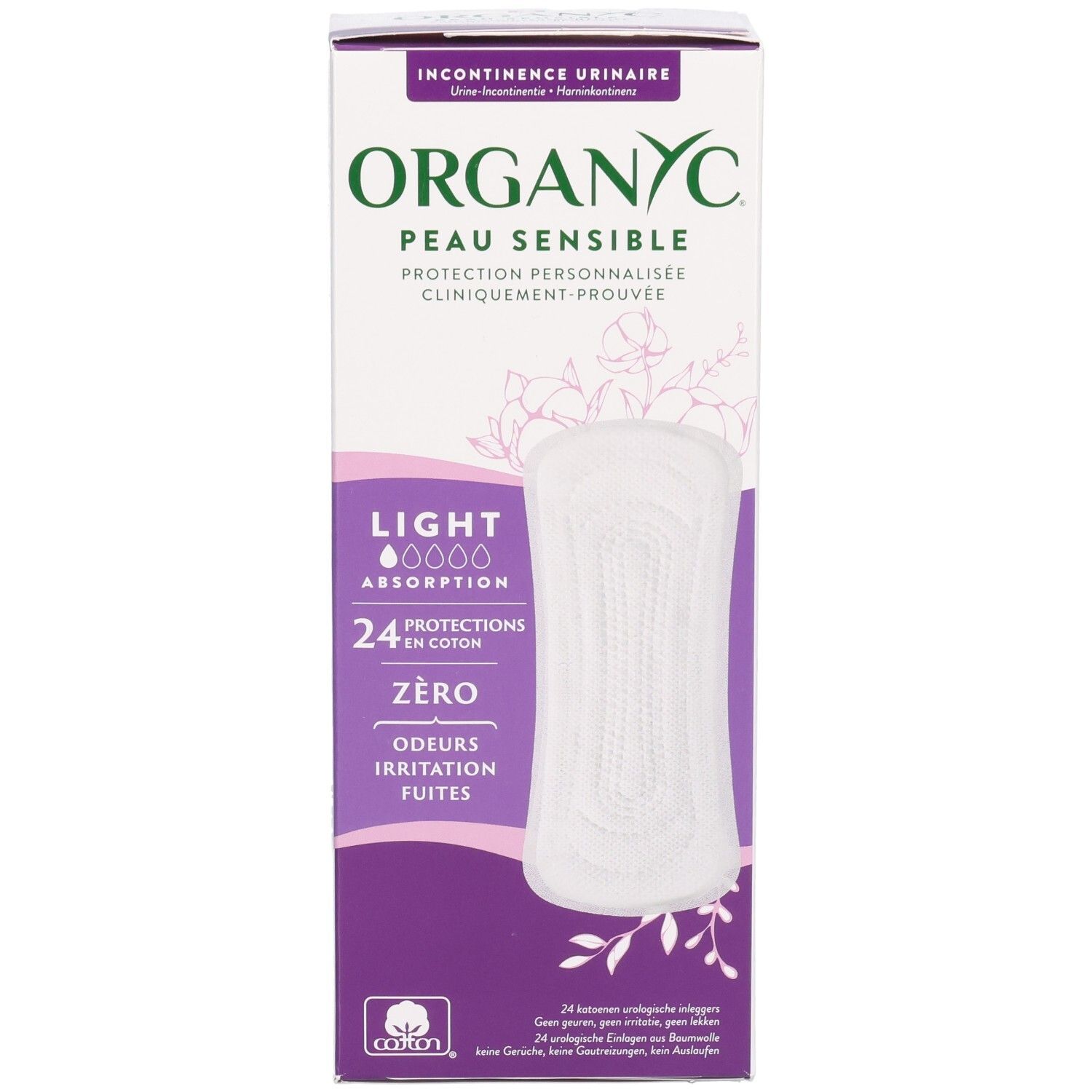 Boîte de protections urinaires ORGANYC, 24 unités, coton bio, légères, peau sensible.