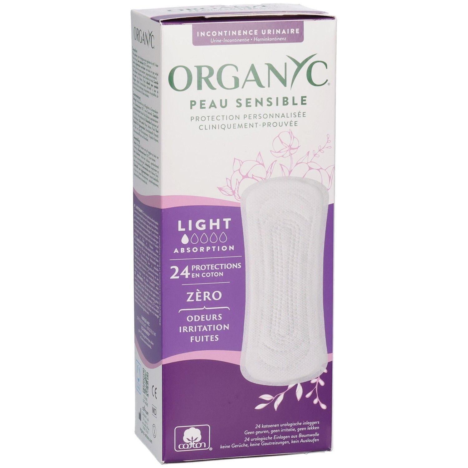 Boîte de protections urinaires ORGANYC, 24 unités, coton bio, légères, peau sensible.