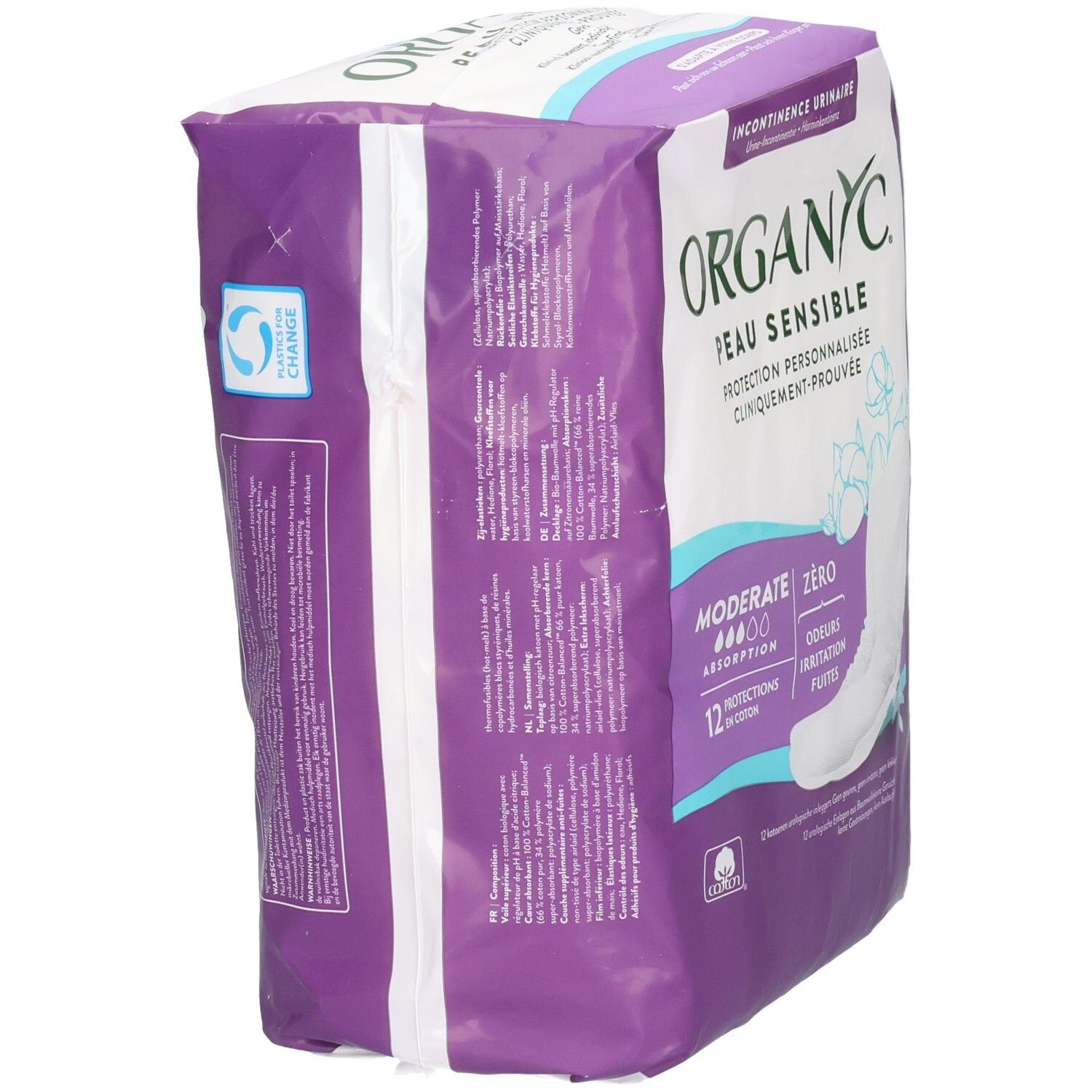 ORGANYC Protections pour fuites urinaires, 12 pièces, absorption modérée, en coton bio.