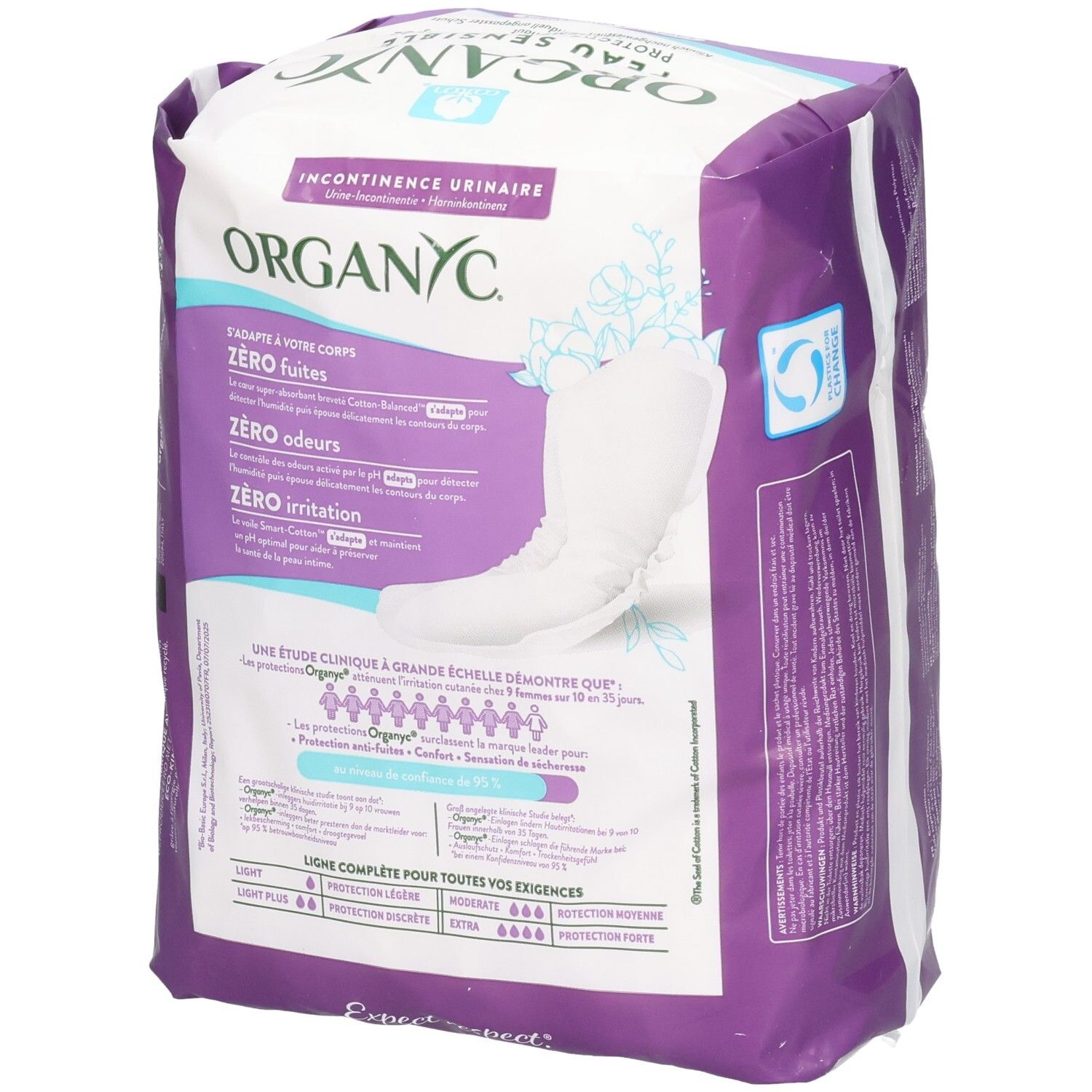 ORGANYC Protections pour fuites urinaires, 12 pièces, absorption modérée, en coton bio.