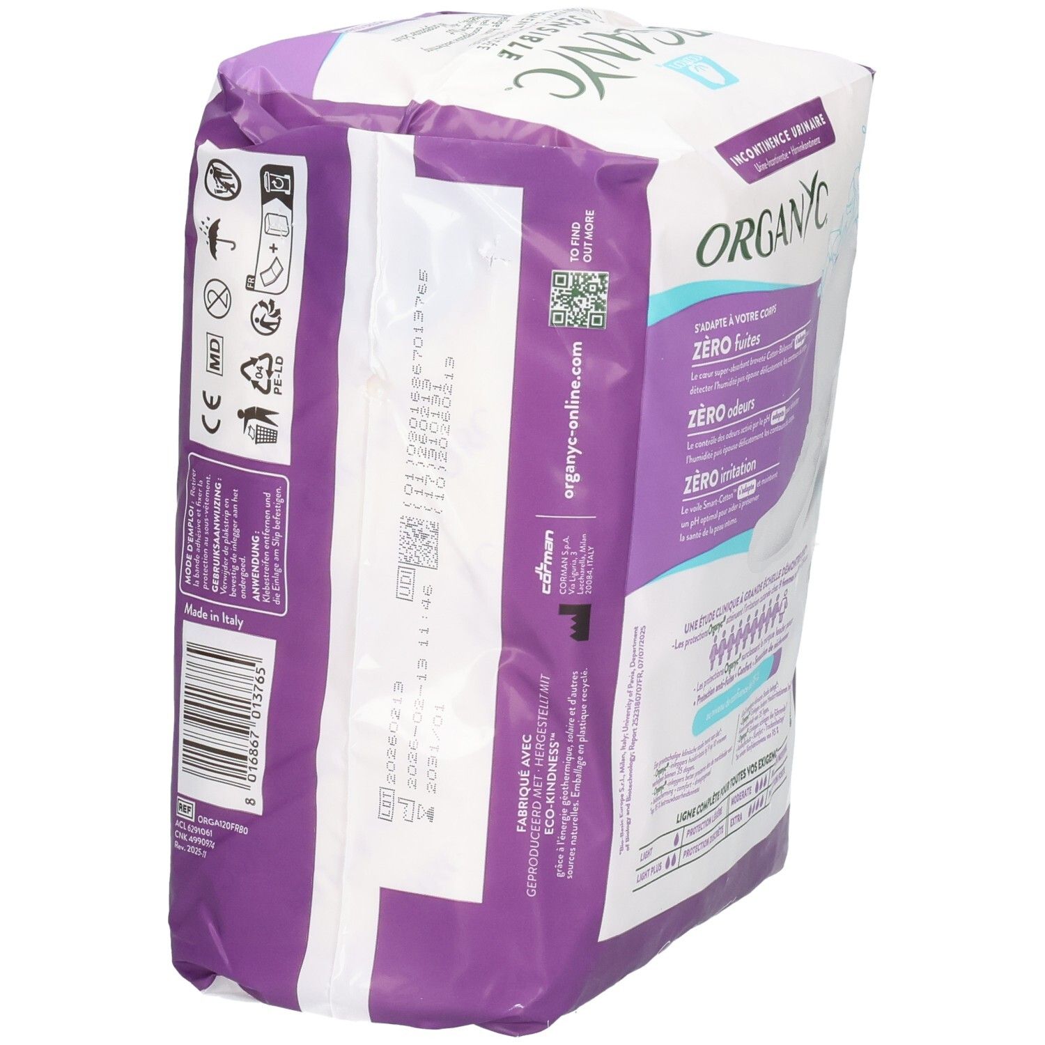 ORGANYC Protections pour fuites urinaires, 12 pièces, absorption modérée, en coton bio.
